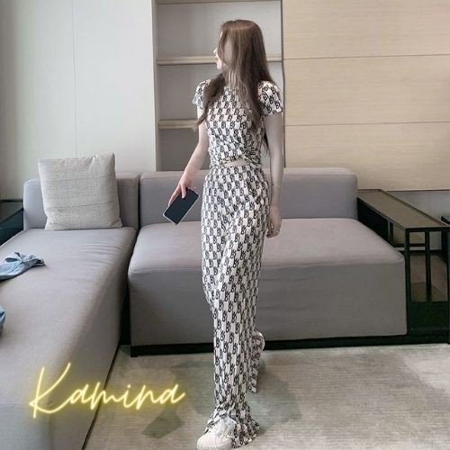 Set nữ dạo phố KAMINA - Bộ mặc nhà, dự tiệc quần dài cạp cao, áo ngắn tay in chữ sang chảnh DB24