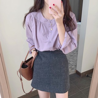 (ORDER) Áo sơ mi nữ dài tay cổ tròn cài khuy đơn giản màu tím pasel nhẹ nhàng công sở Hàn Quốc (MẪU MỚI 2020)