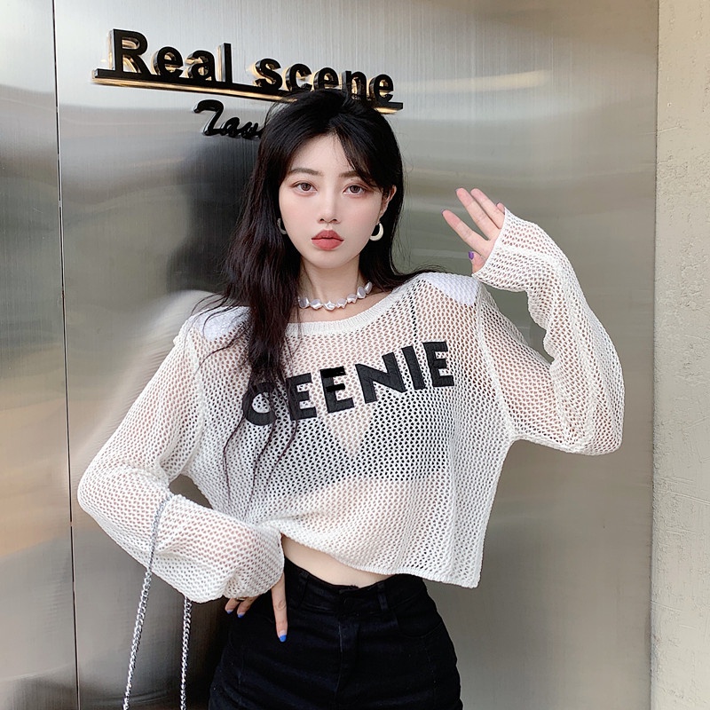 Cocory vn Áo Sweater Dệt Kim Mỏng Tay Dài Trong Suốt In Chữ Đơn Giản Quyến Rũ Cho Nữ