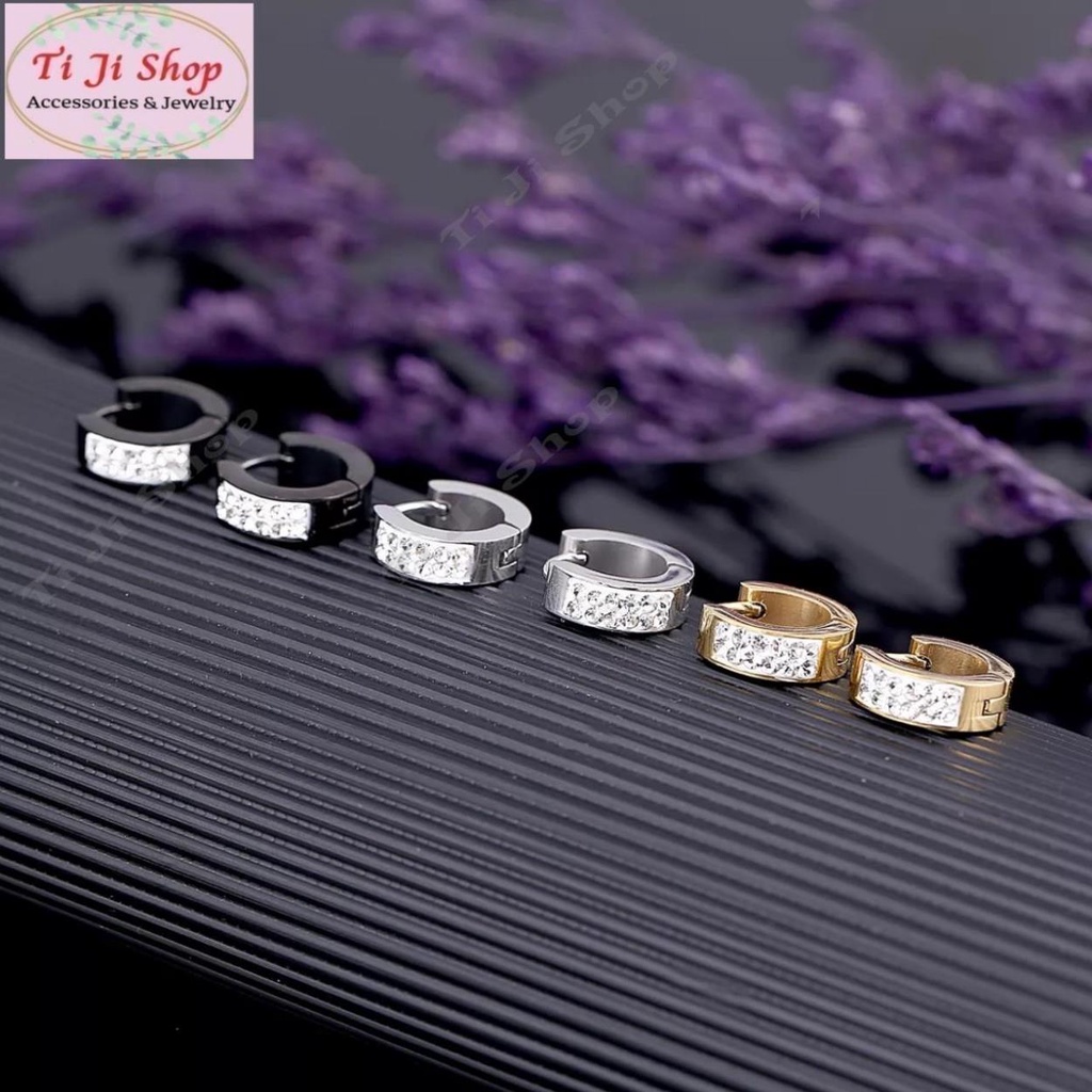 BÔNG TAI INOX KHOEN TRÒN BẢNG VUÔNG ĐÍNH ĐÁ ĐẸP KHÔNG ĐEN