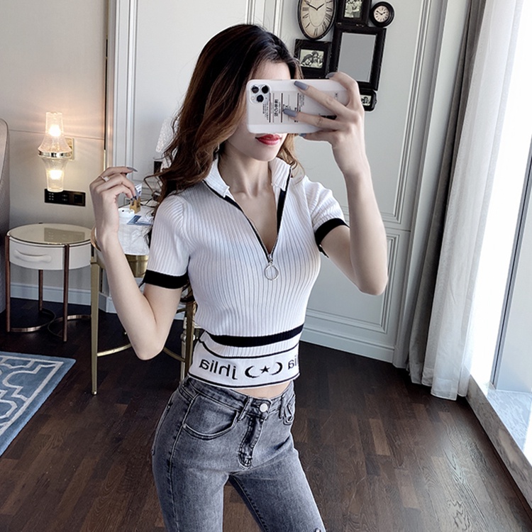 Áo Thun Tay Ngắn Cổ Cao Ôm Dáng Phối Khóa Kéo Thời Trang Mùa Hè Hàn Quốc 2022 Mới Cho Nữ