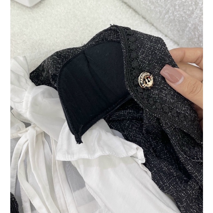SET BỐ 3 MÓN DẠ: KHOÁC DẠ + SƠ MI TRẮNG CỔ BÈO TAY LOE + CHÂN VÁY 🖤