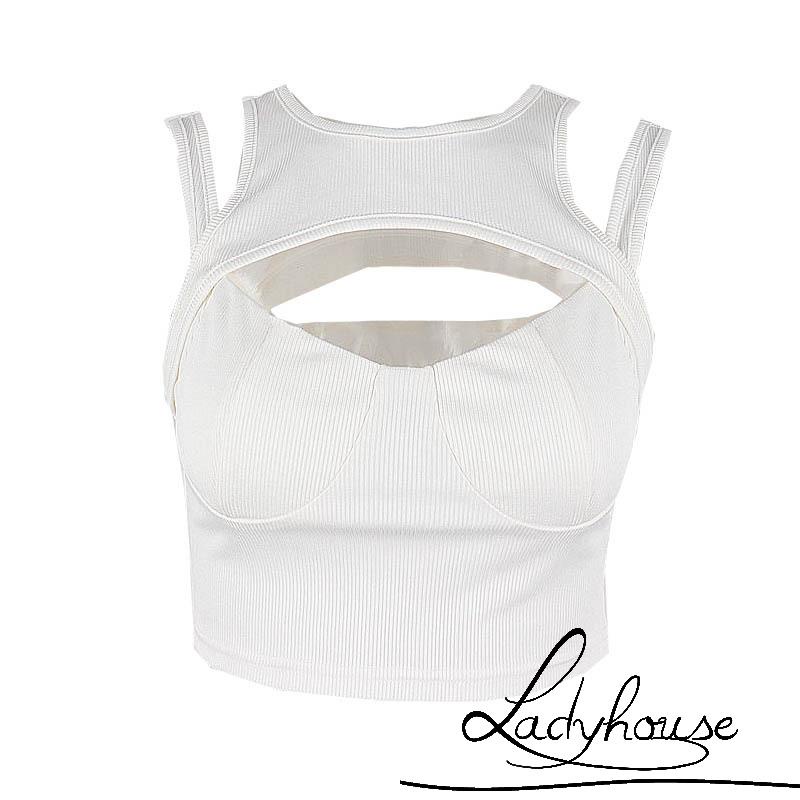 LDD-Women Casual Crop Tops, Solid Color Hollow Out Slim Fit Sleeveless Patchwork Vest