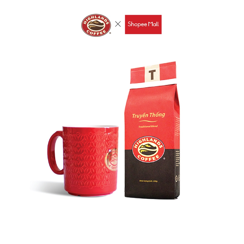 COMBO Red Embossed - Ly sứ Đỏ và Cà phê rang xay Truyền Thống Highlands Coffee 200g