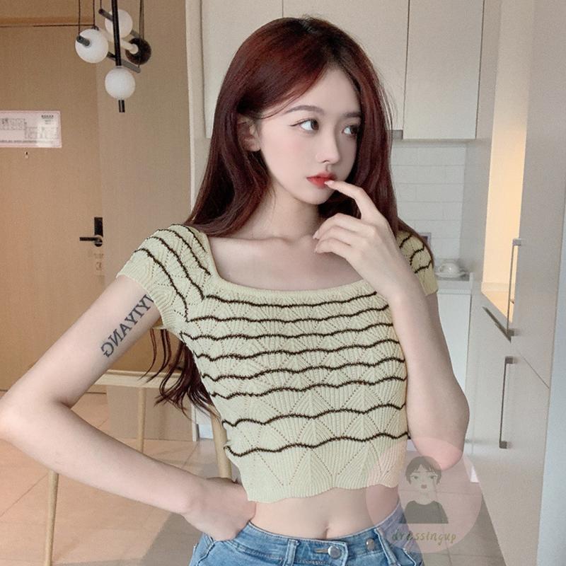 Áo Thun Tay Ngắn Cổ Vuông Họa Tiết Sọc Thời Trang Cho Nữ