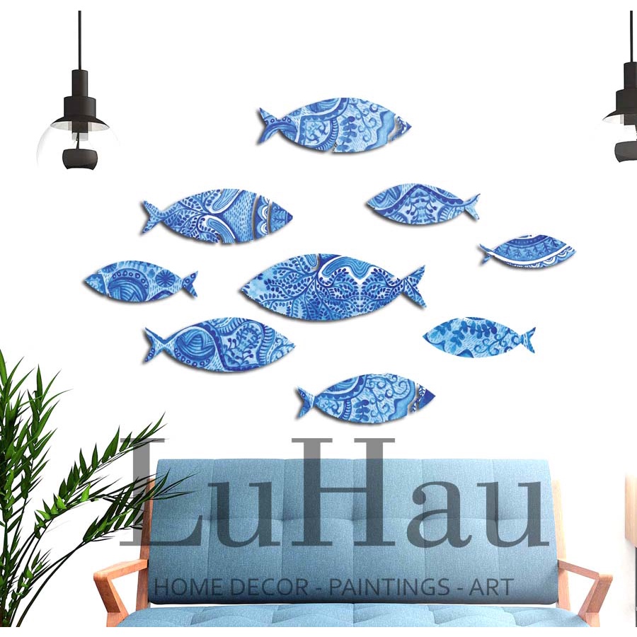 Bộ tranh cá dán tường 9 chú cá LuHau hoa tiết Xanh Lam thổ cẩm dán sẵn băng dính trang trí nội thất tiện lợi