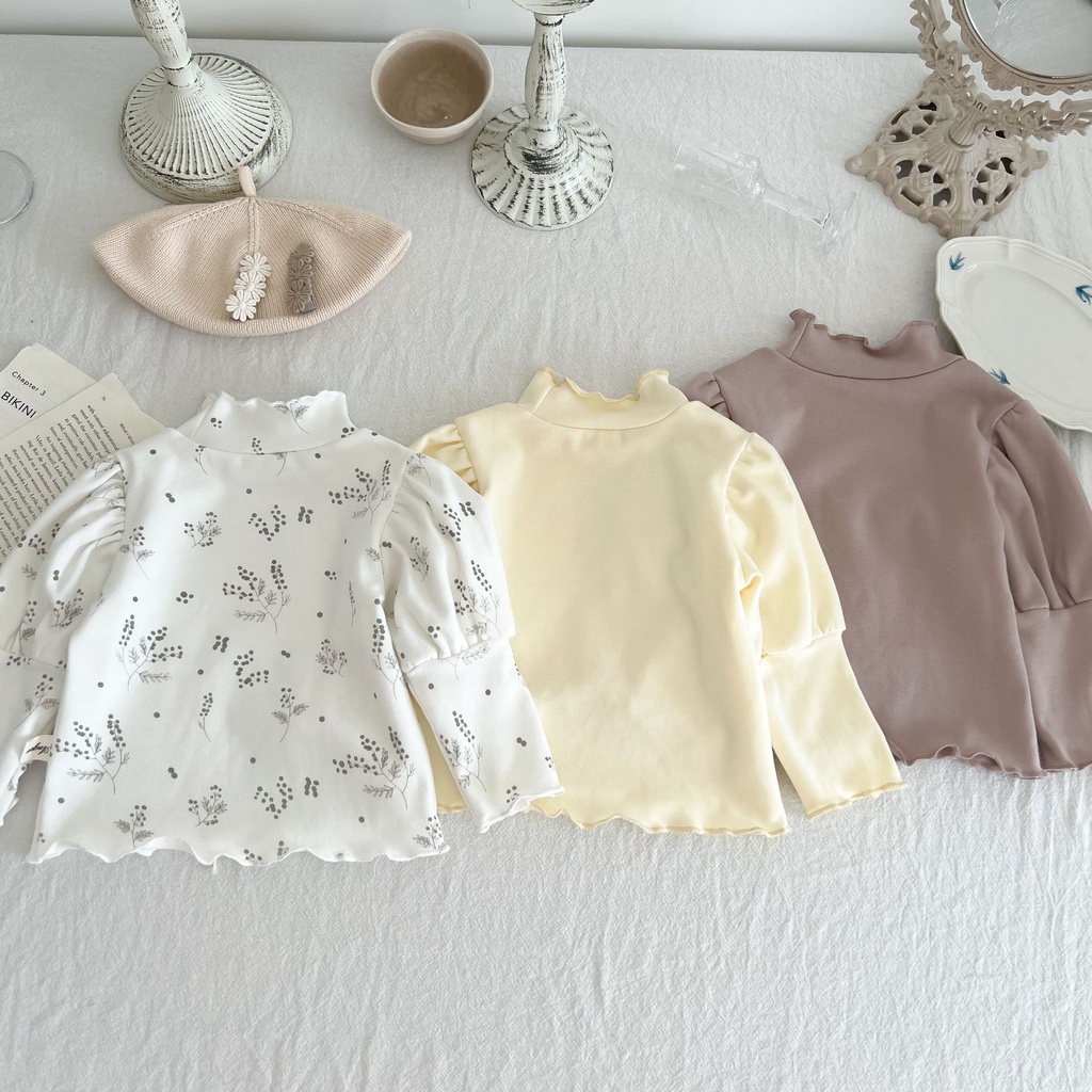 Áo Thun Cotton Tay Phồng Cổ Lọ Thời Trang Mùa Thu Phong Cách Hàn Quốc Cho Bé Gái 0-2 Tuổi 27UC