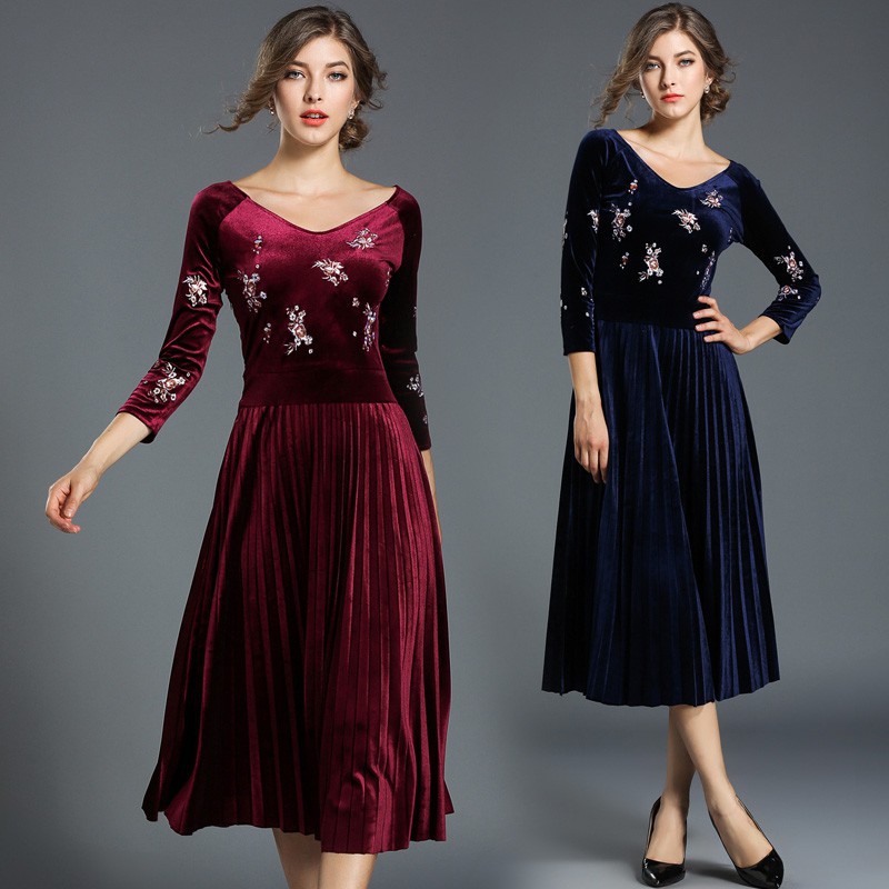 Real Shot Women's High Quality Embroidered Velvet Midi Pleated Party Dress | BigBuy360 - bigbuy360.vn