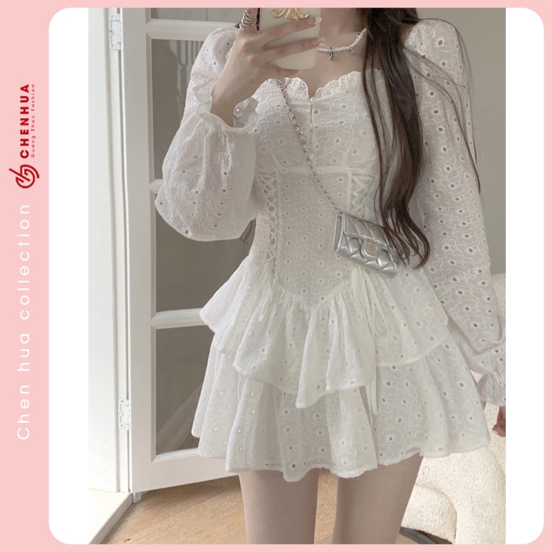 Váy bánh bèo HUAHUA đầm retro thắt eo dài tay xinh đẹp VT38