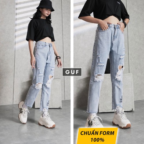 Quần Jean Nữ Dáng Baggy Cạp Cao Rách Gối GUF
