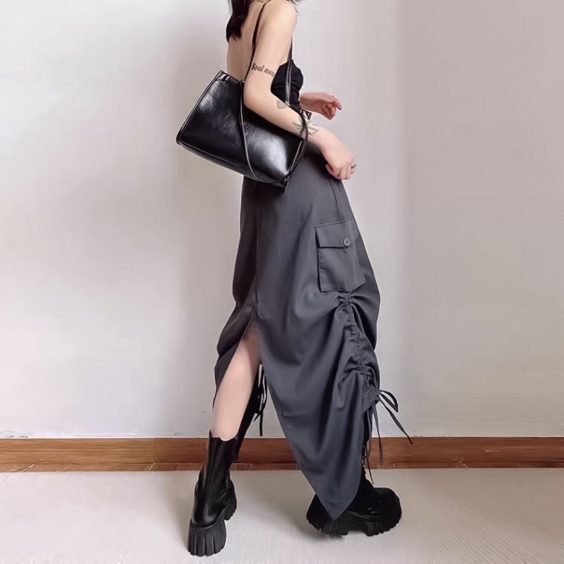 [Hình thật độc quyền THESIX.VN] Chân váy midi cargo dây rút 2 bên