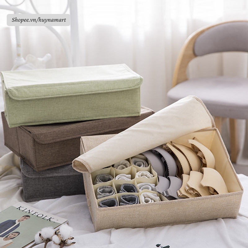 Hộp Vải Đựng Đồ Lót, Vớ Tất Có Nắp, Nhiều Ngăn Chất Liệu Vải Lanh Cao Cấp Huyna Mart TD18