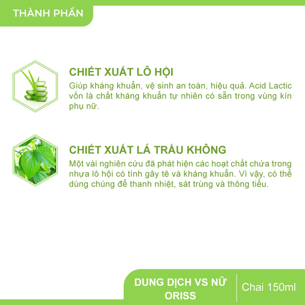 Dung dịch vệ sinh phụ nữ Oriss giúp khử mùi, mang lại cảm giác mát mẻ, khô thoáng cho phái nữ - Chai 150ml