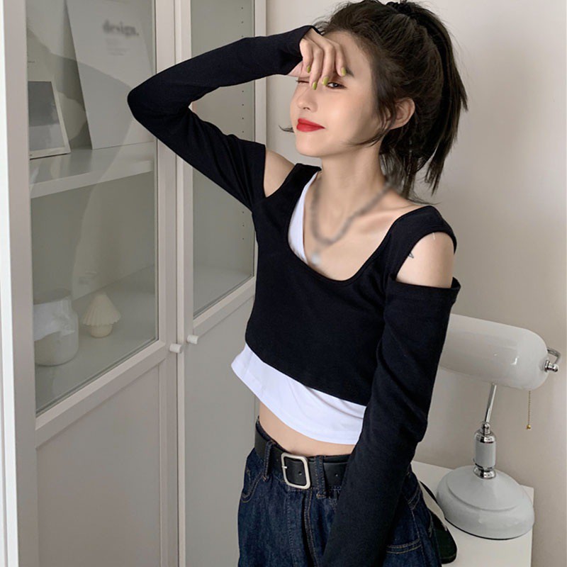 Women Super Splicing Autumn Long-sleeved Off-shoulder Tops Short T-shirt