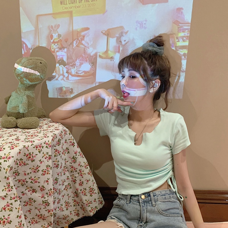 Áo thun ZHELIHANGFEI ngắn tay cổ cao phối dây rút thời trang mùa xuân 2022 cho nữ