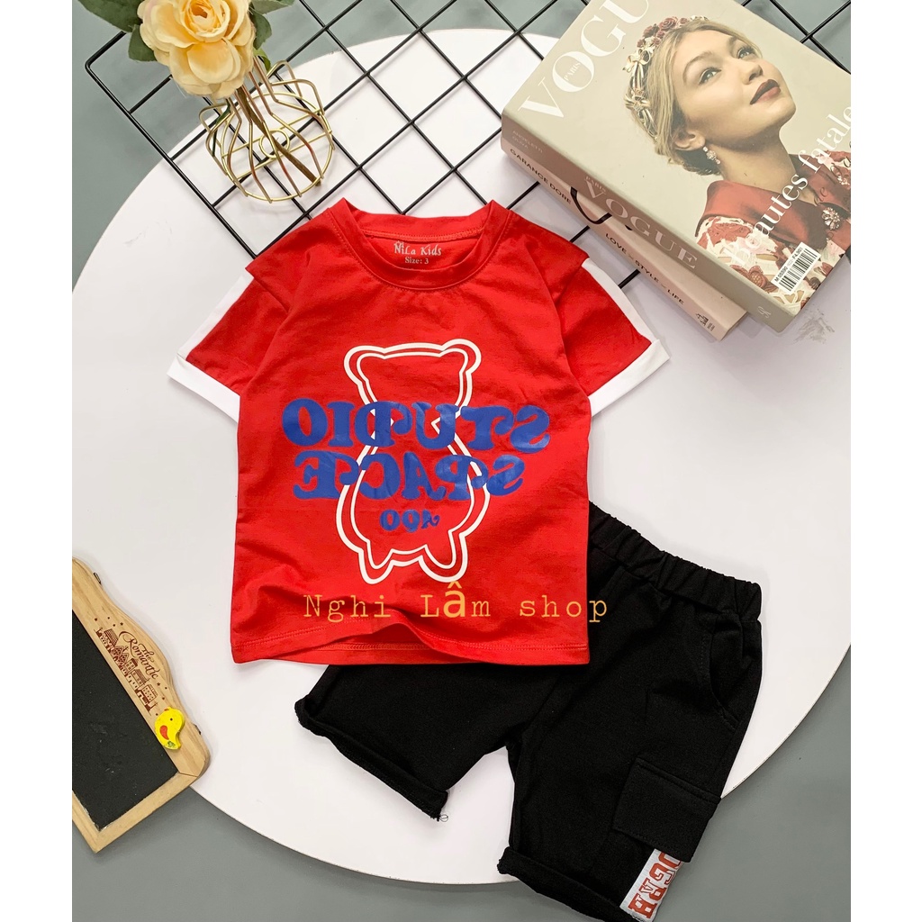 Bộ quần áo bé trai chất liệu thun cotton 100% co giản 4 chiều in hình gấu cho bé từ 10-38kg