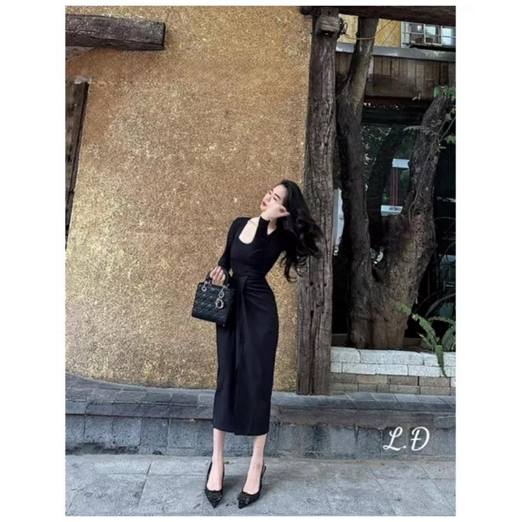 ĐẦM ĐEN BODY TAY DÀI CÚP NGỰC XẾP NHÍU XẺ (TH)