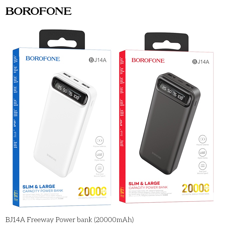 Pin sạc dự phòng 20000mAh BOROFONE BJ14A đèn báo Pin, 2 cổng ra 2A - Chính hãng