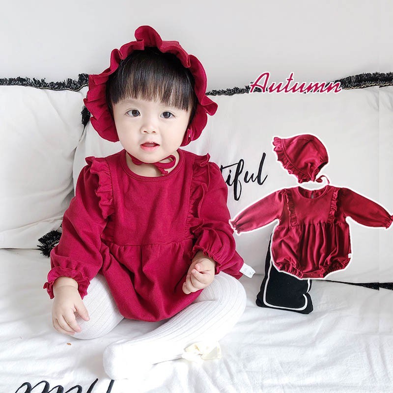 Bộ áo liền quần tay dài màu trơn + mũ nồi xinh xắn cho bé gái