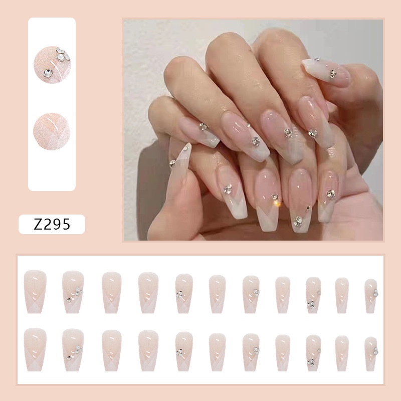 Móng tay giả đính đá màu hồng trong suốt hàn quốc nữ z295