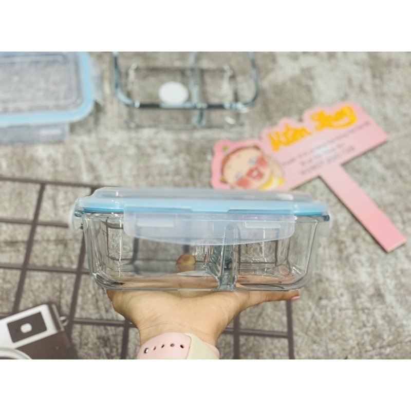 Set Hộp Cơm Thuỷ Tinh Viền Xanh -  Hộp 1000ml Chữ Nhật 2 Ngăn + Hộp 620ml Tròn - Hộp Mang Cơm Văn Phòng - Chống Tràn