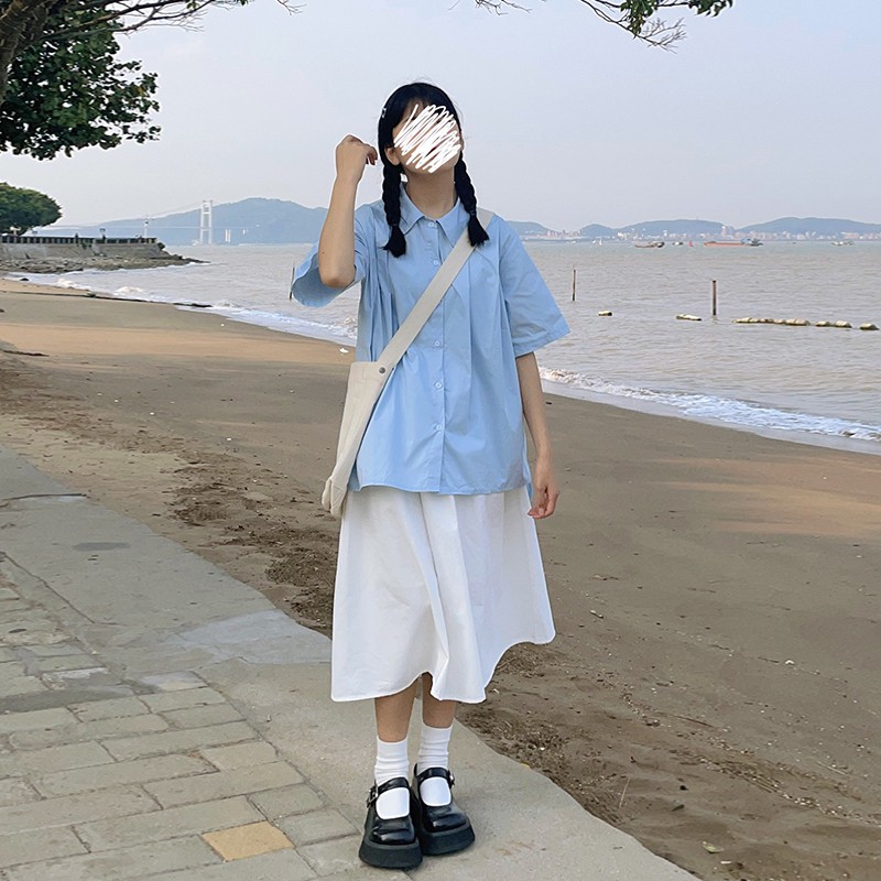Áo sơ mi học sinh cổ sen / Áo kiểu cộc tay phong cách Nanno