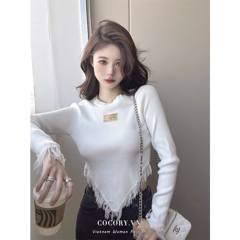 Cocory vn Áo Dệt Kim Nữ Tay Dài Dáng Ôm Phối Tua Rua Thời Trang