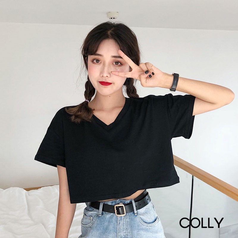 Áo thun Croptop form rộng tay lỡ cổ tim cá tính - COLLY