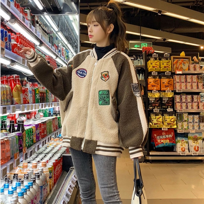 Áo Khoác Bóng Chày Vải Len Lông Cừu Phối Màu Sắc Tương Phản Thời Trang Thu Đông Cho Nữ