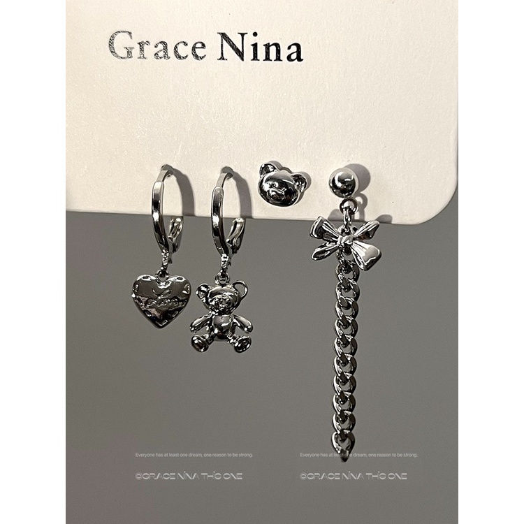 6PCS Đôi khuyên tai/ Set khuyên tai màu đen đính đá quý hình gấu trái tim và nơ dễ thương cho nữ / Khuyên Tai Bạc Hình Gấu Đen Cổ Điển Hàn Quốc /