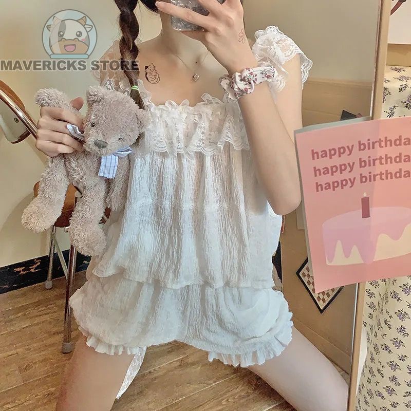 Bộ Đồ Ngủ Hai Dây Viền Ren Gợi Cảm Mùa Hè Mới Phong Cách Hàn Quốc Cho Nữ