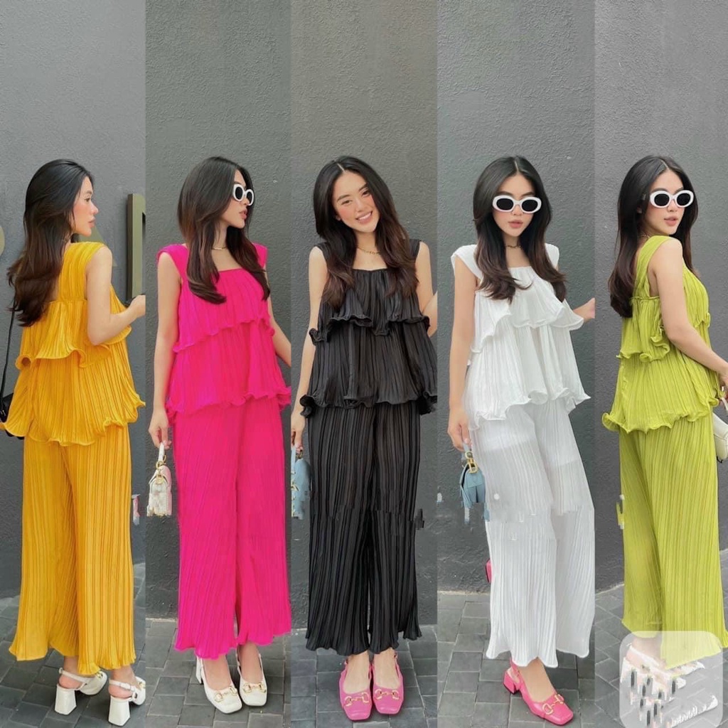 Sét bộ đồ nữ 2 dây tầng bánh bèo dáng áo croptop xinh mix quần ống loe siêu dễ thương 5 màu tôn da