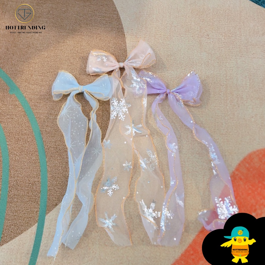 Kẹp nơ vải voan dài hoạ tiết cute phong cách tiểu thư