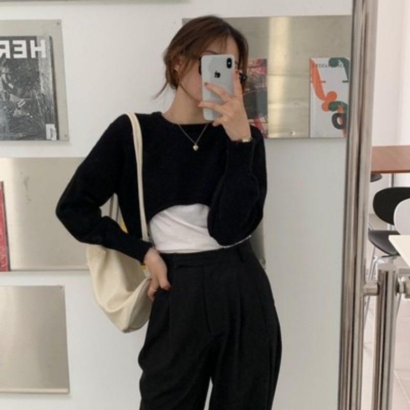 Áo croptop len nữ mùa thu, cổ tròn áo pull dài tay phong cách ulzzang Hàn Quốc hàng order có kèm ảnh thật- AL11