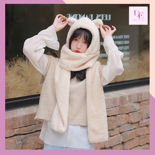 HÀNG SẴN Mũ Lông liền Khăn Tai Gấu Trùm Đầu Choàng Cổ Cao Cấp Cực Ấm Áp