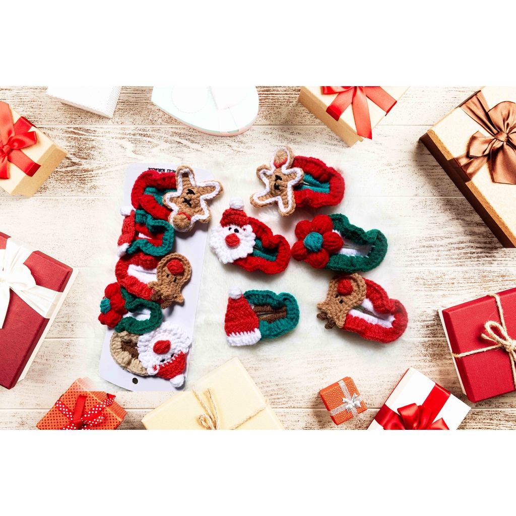 Set kẹp tóc hình Noel móc len , hàng Hanmade siêu xinh, dễ thương cho bé