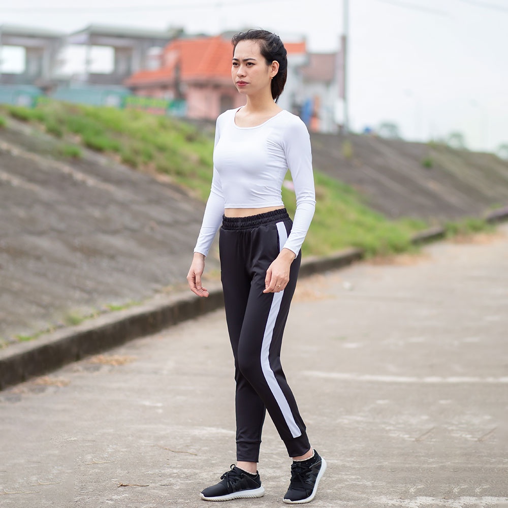 Set đồ tập Gym, yoga, zumba (Jogger phối trắng - Croptop Dài tay)