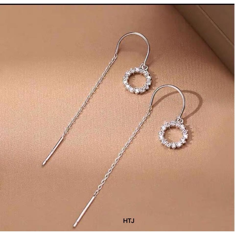 Bông tai nữ bạc thật mặt tròn đính đá dáng dài cực đẹp - Kho sỉ bạc Nhất Linh