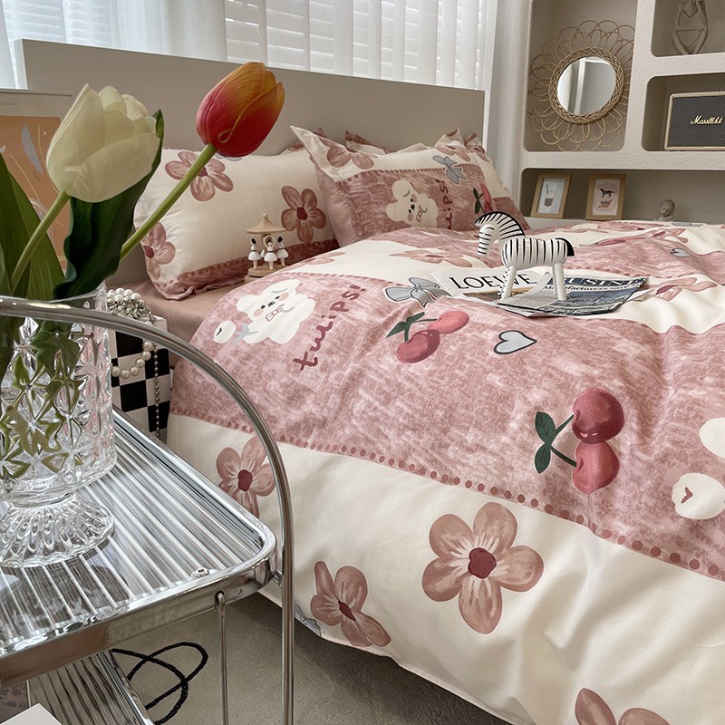 Bộ chăn ga gối Hàn quốc chất cotton poly - Mẫu gấu cherry