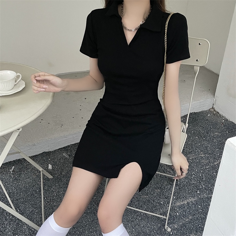 Đầm mini SUXI cổ chữ V màu đen trơn quyến rũ hợp thời trang hè