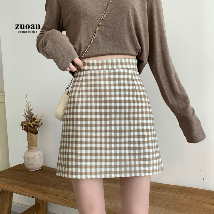 Chân váy SUXI chữ A eo cao hoa văn kẻ ô phong cách hàn quốc dành cho nữ