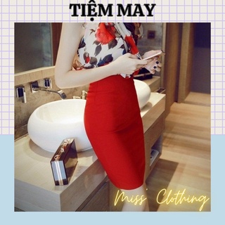 (Tiệm may) Chân váy ôm màu đỏ tươi xẻ sau trên gối( váy 2 lớp sẵn size) - B5C