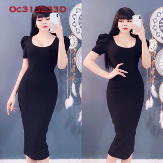Đầm body trơn tay phồng