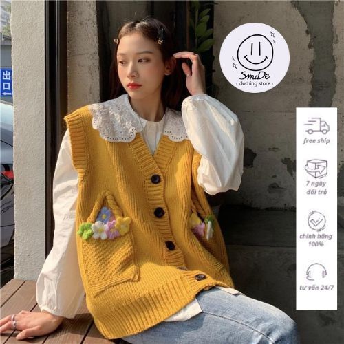Áo Len Gile Uizzang Cổ V Hàng Nút Đen Phối Túi Giỏ Hoa Sát Nách KIểu Hàn Quốc | Smide Clothing