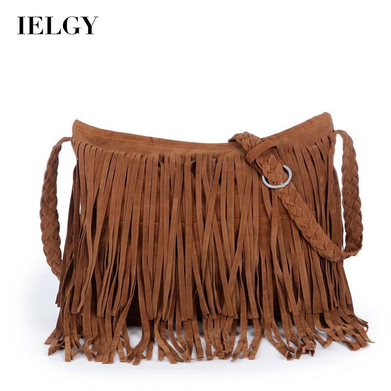 Ielgy Túi Xách Đeo Chéo Có Dây Kéo Mờ Phối Tua Rua Cổ Điển