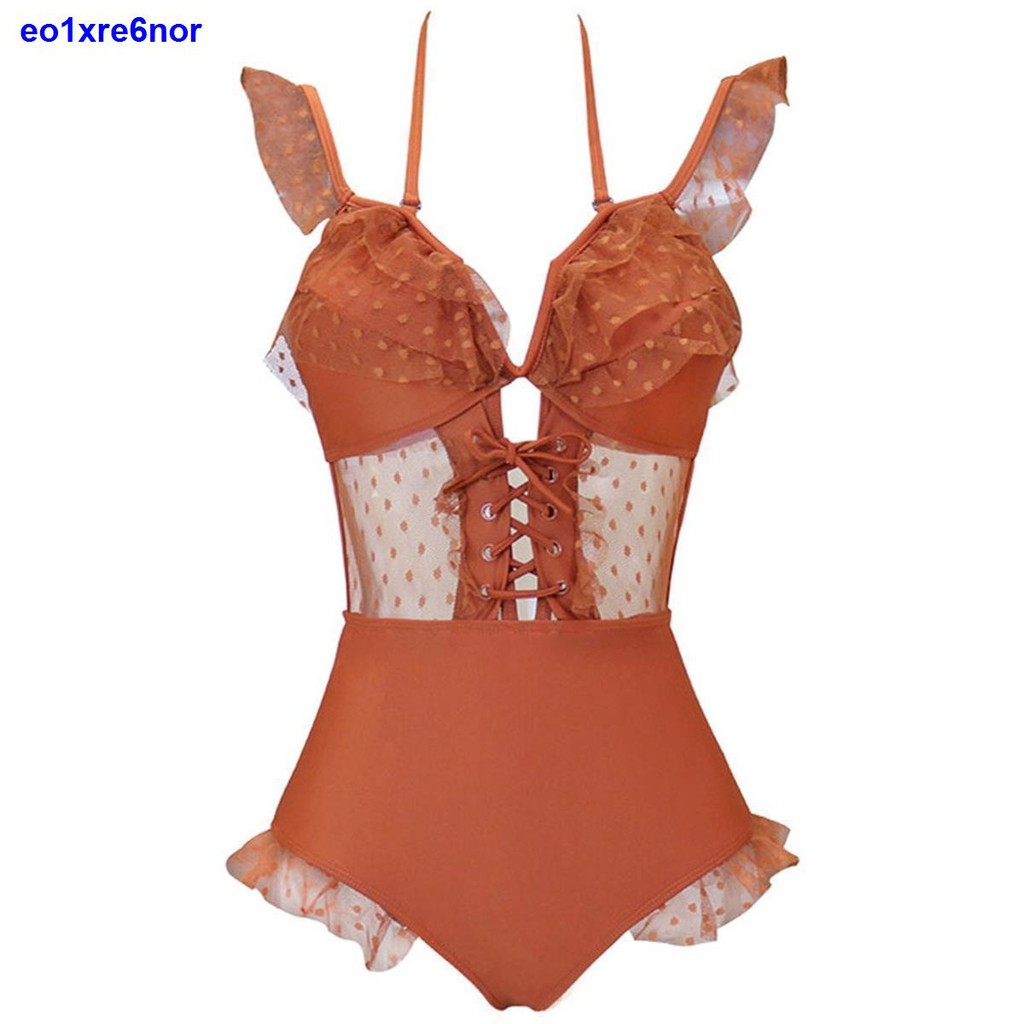 Áo tắm nữ mới 2019 ren lưới một mảnh màu đỏ đô che bụng bầu mỏng manh tụ tập áo tắm trễ vai gợi cảm ngâm mình trong suối | BigBuy360 - bigbuy360.vn