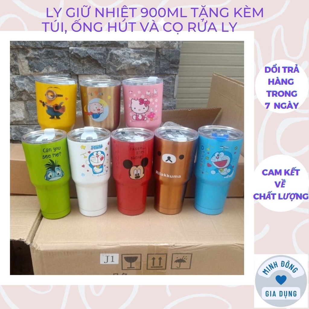 Ly giữ nhiệt thái lan 900ml tặng kèm túi, ống hút và cọ rửa ly, Cốc giữ nhiệt hoạt hình inox 304 cao cấp