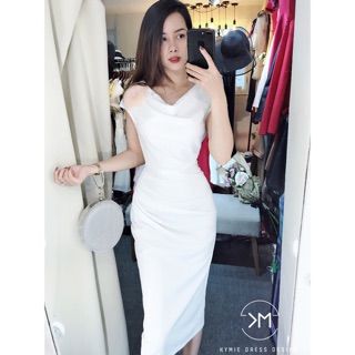 Váy body cổ đổ cài hoa trơn đầm ôm V052 KYMIE