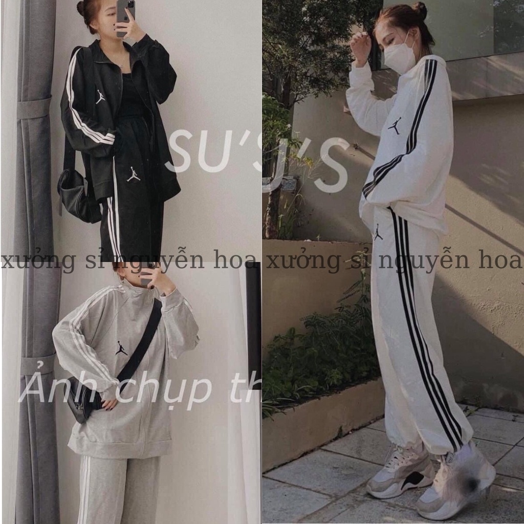 Bộ nỉ thể thao, sét bộ 3 sọc áo nỉ kéo khóa kèm quần bom 3 màu trắng đen xám form rộng Xưởng sỉ nguyễn hoa