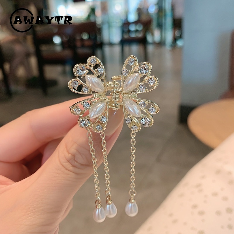 Kẹp Tóc Tua Rua Hình Hoa / Bướm Đính Ngọc Trai Pha Lê Phong Cách Hàn Quốc Chất Lượng Cao Cho Nữ